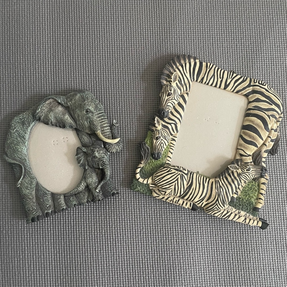 Lot Of 2 - Elephant And Zebra Ceramic Picture Frames 7-9"